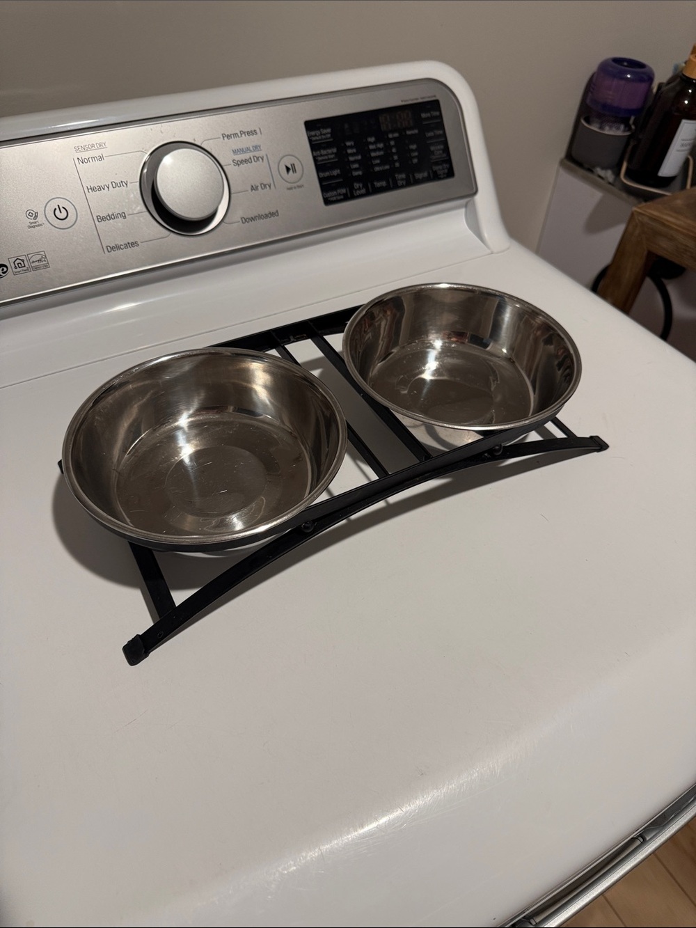Black Metal Elevated Double Pet Bowl Stand with Stainless Steel Bowls Removable
